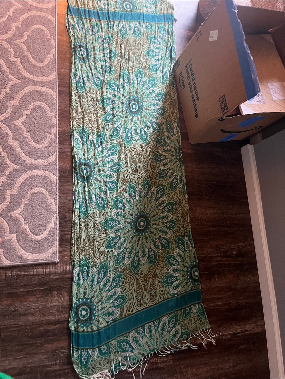 Unbranded Green Floral Medallion Scarf with Teal Accents